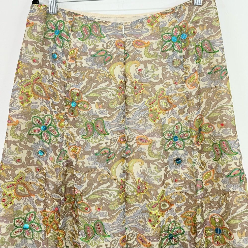Strenesse Blue Brown Colorful Sequin Embroidered 100% Silk Paisley Floral Skirt - Picture 12 of 16